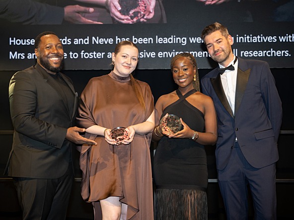 Research Live young researcher of the year 2025 neve savage and jerryanne hagan-tetteh, on stage at the MRS Awards